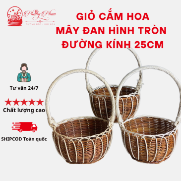 Giỏ mây tròn trắng đường kính 25cm, dùng cắm hoa, quả, quà tặng, trang trí decor trong nhà, các shop hoa [Đi từ 2 cái]